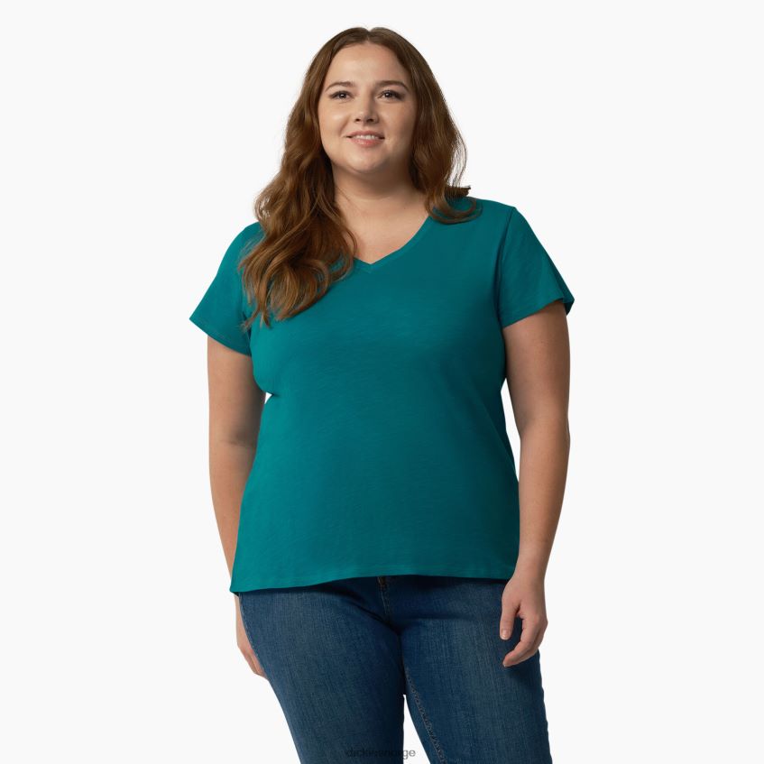 Dickies kvinner pluss kortermet t-skjorte med v-hals 4NB6FR2036 klær dyp innsjø (dl2)