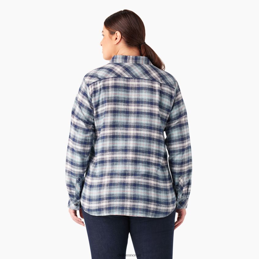 Dickies kvinner pluss langermet rutete flanellskjorte 4NB6FR2208 klær klarblå/marine ombre pledd (c1f)