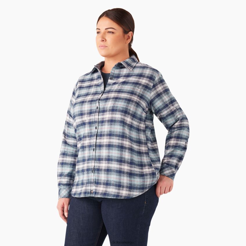 Dickies kvinner pluss langermet rutete flanellskjorte 4NB6FR2208 klær klarblå/marine ombre pledd (c1f)