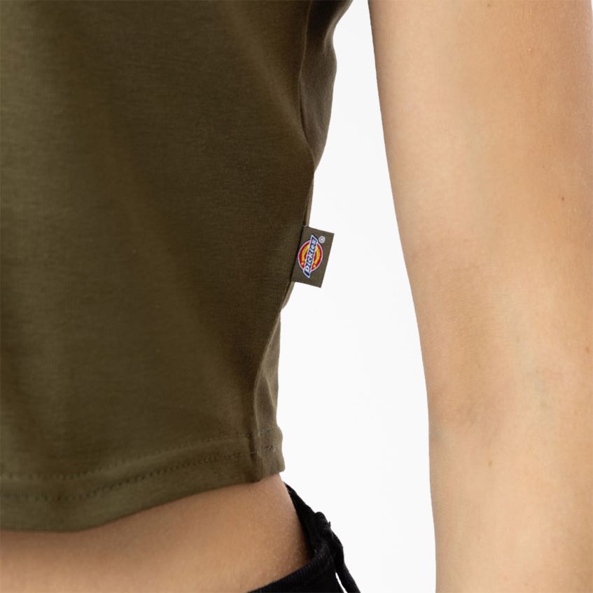 Dickies kvinner beskåret t-skjorte i maple valley-logo 4NB6FR2098 klær militærgrønn (ml)