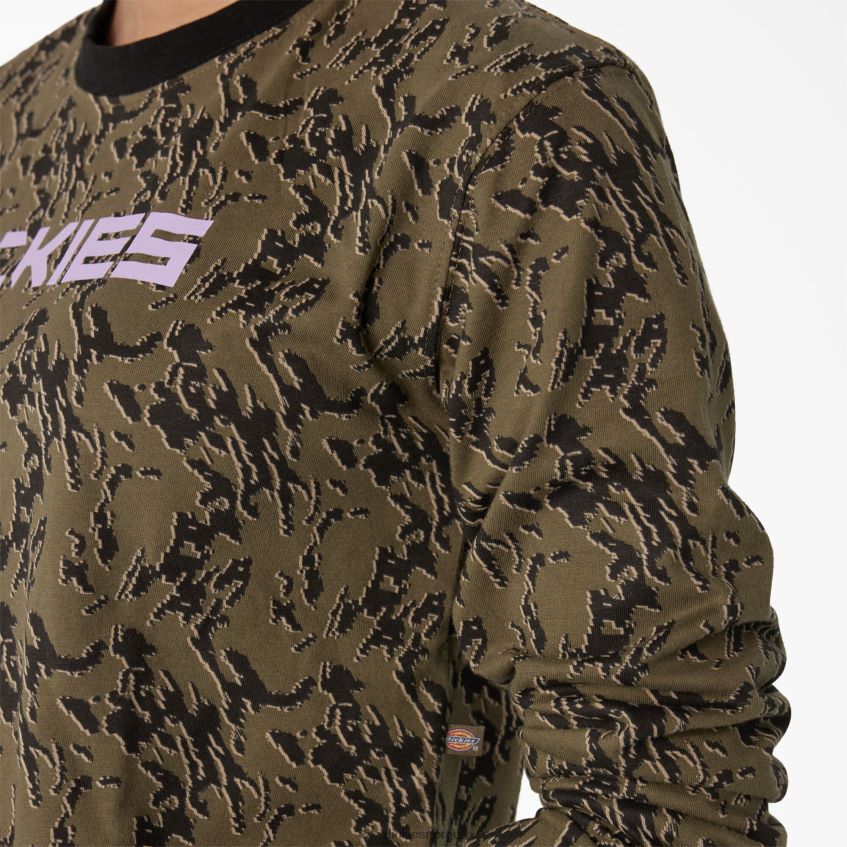Dickies kvinner camo langermet cropped t-skjorte 4NB6FR2188 klær militærgrønn glitch camo (mpe)