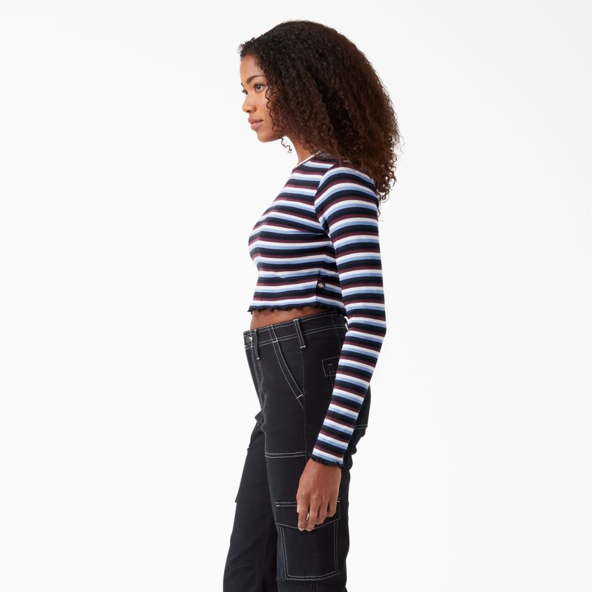 Dickies kvinner stripet langermet cropped t-skjorte 4NB6FR2093 klær vin/jacaranda baby stripe (wsj)