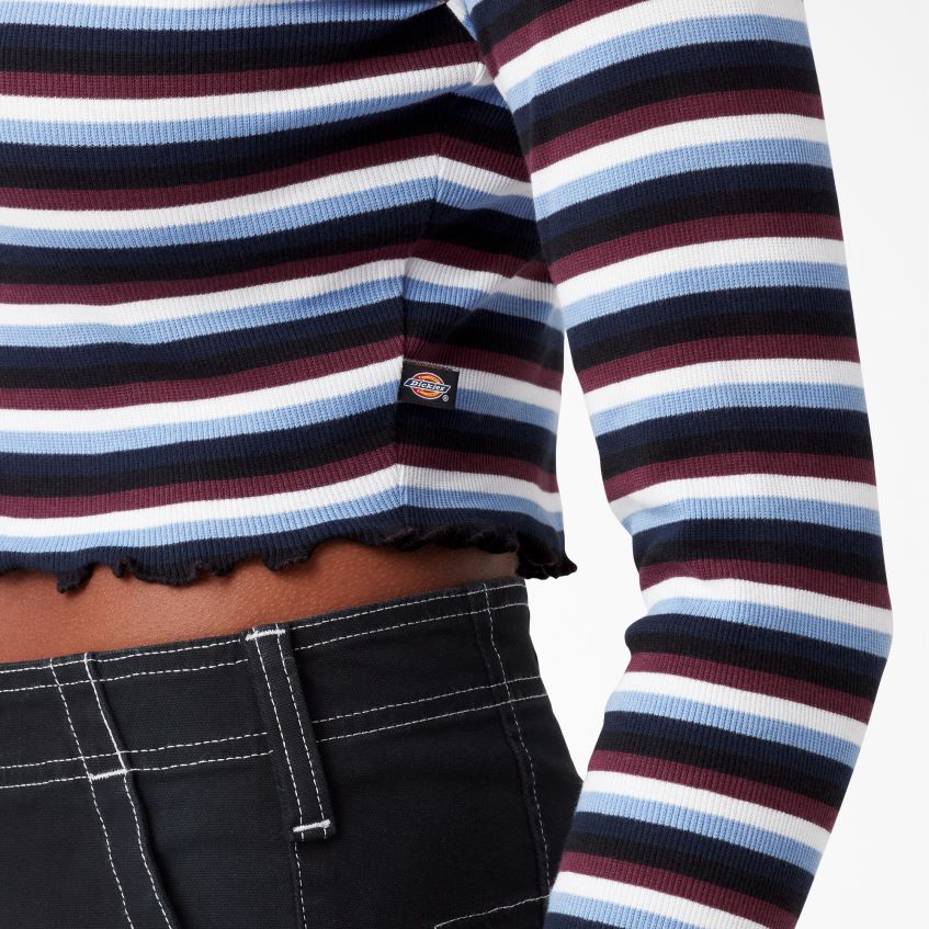 Dickies kvinner stripet langermet cropped t-skjorte 4NB6FR2093 klær vin/jacaranda baby stripe (wsj)